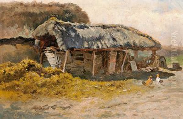 Huhnerhof In Der Puszta Oil Painting by Anton Schrodl