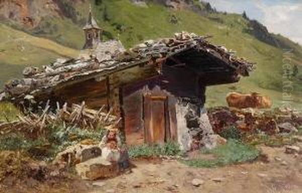 Almhutte In Ferleiten Oil Painting by Anton Schrodl