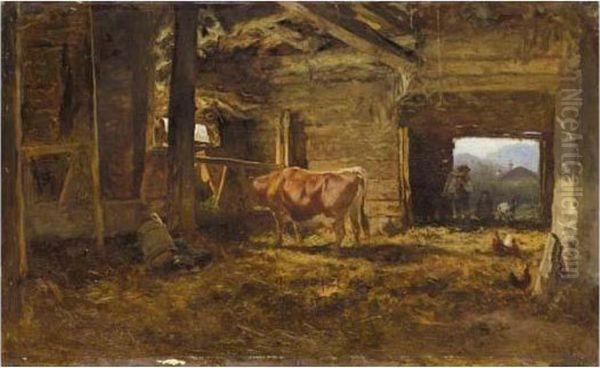 In The Cowshed (im Kuhstall) Oil Painting by Anton Schrodl