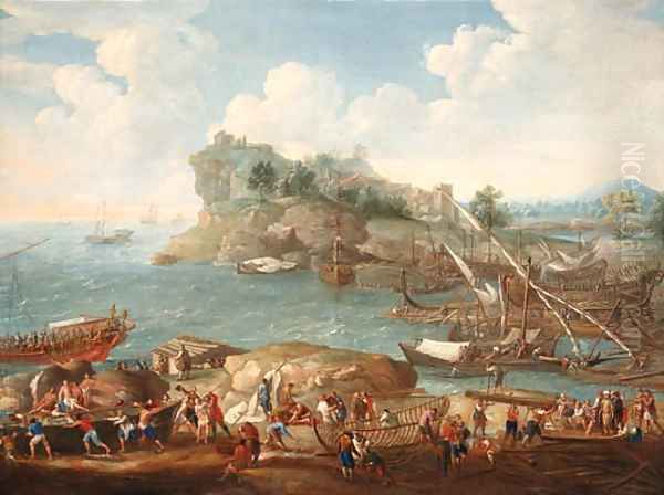 A Mediterranean coastal Landscape with Levants and Shipbuilders in the foreground Oil Painting by Lucas De Wael