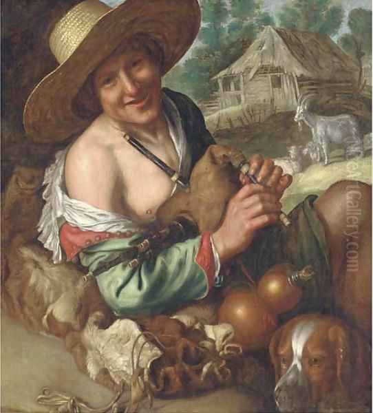 A shepherd piper with his mastiff before a shed Oil Painting by Peter Wtewael