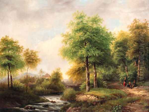 A summer landscape with peasants resting in a forest by a stream Oil Painting by George Pieter Westenberg