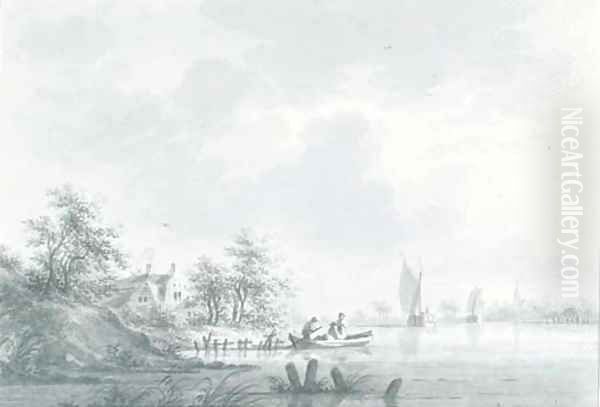 The village of Hael on the River Waal, with boatmen at a landing station Oil Painting by Nicolaes Wicart