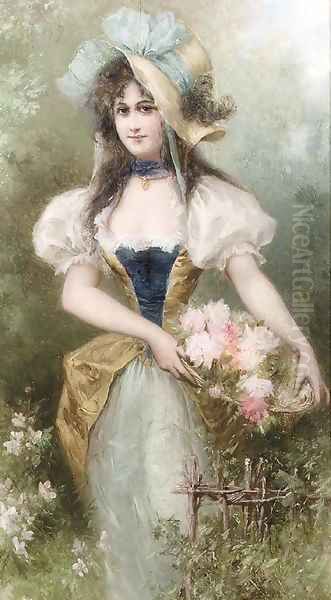 A beauty with roses in a basket Oil Painting by Raimund Ritter Von Brennerstein Wichera