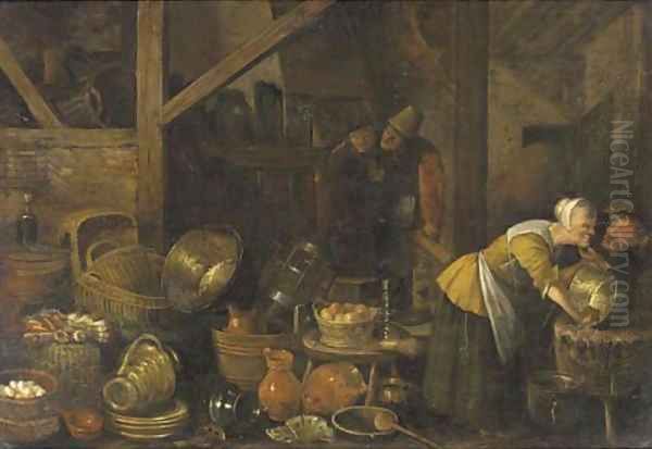 A kitchen interior with peasants Oil Painting by Dirck Wyntrack