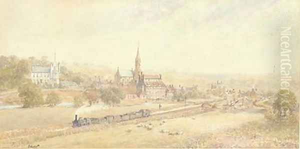 A steam engine pulling loaded wagons through the industrial North Oil Painting by George Weatherill