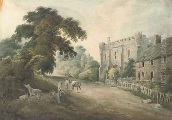 Rustic figures before a gate tower Oil Painting by Hugh William Williams