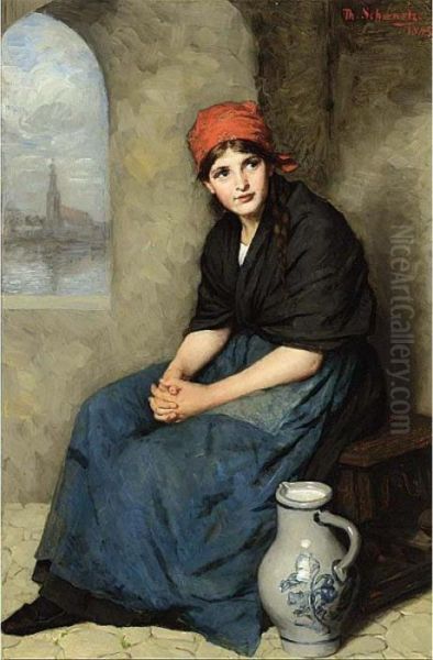 A Portrait Of A Seated Girl, Wearing A Dark Blue Dress And Red Headscarf Oil Painting by Therese Schwartze