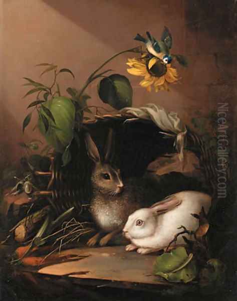 Two rabbits in an upturned basket with a blue tit on a sunflower Oil Painting by Johann Amandus Winck