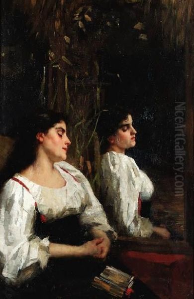 Young Girl By A Mirror Dozing Off Oil Painting by Therese Schwartze