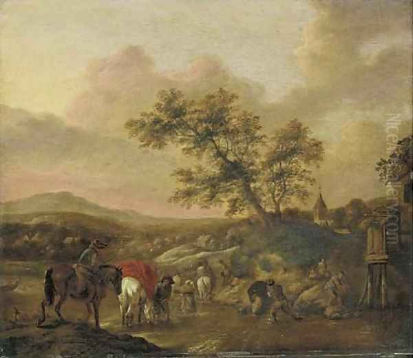 An extensive landscape with travelers on horseback crossing a river Oil Painting by Phillips Wouwermans