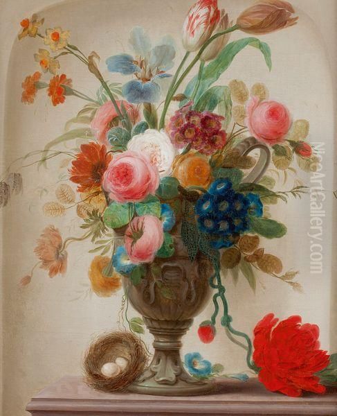 Vase De Fleurs Et Nid Sur Un Entablement Oil Painting by Hendrick Willelm Schweickhardt