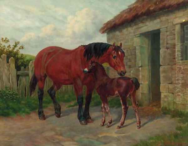 A mare and foal by a stable Oil Painting by Amos Watmough