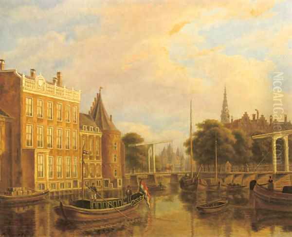 A view of the river Amstel with the Nieuwmarkt and Oude Kerk, Amsterdam Oil Painting by Augustus Wijnantz