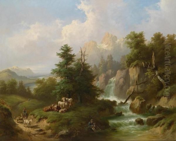 Circle Herdsmen Resting In An Open Mountain Landscape Oil Painting by Carl I Schweninger