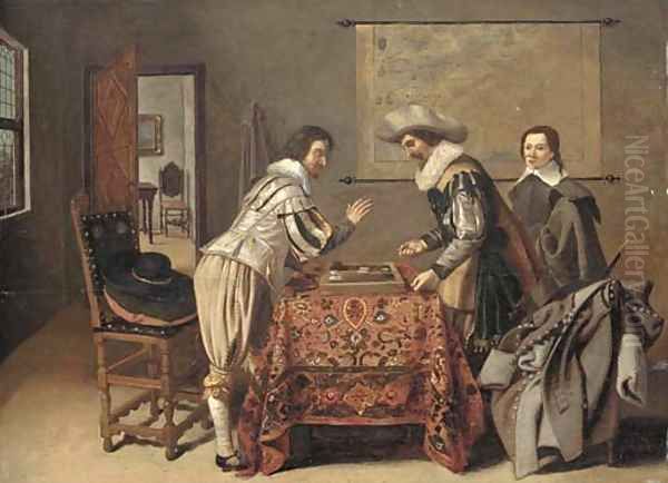 Gentlemen playing tric-trac around a table in an interior Oil Painting by Dirck Witting