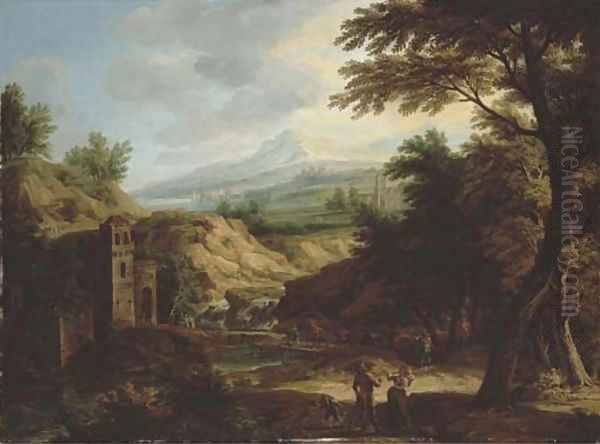 An Italianate extensive river landscape with travellers on a path by a fortified tower Oil Painting by Jacob Christoph Weyermann