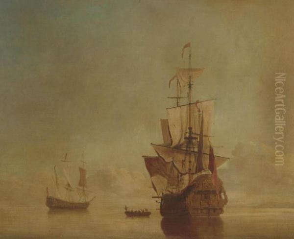 A First Rate Lying At Her Anchorage In A Calm And Drying Her Sails Oil Painting by Samuel Scott