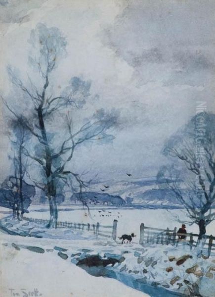 Farmer And Collie In A Winter Landscape Oil Painting by Tom Scott