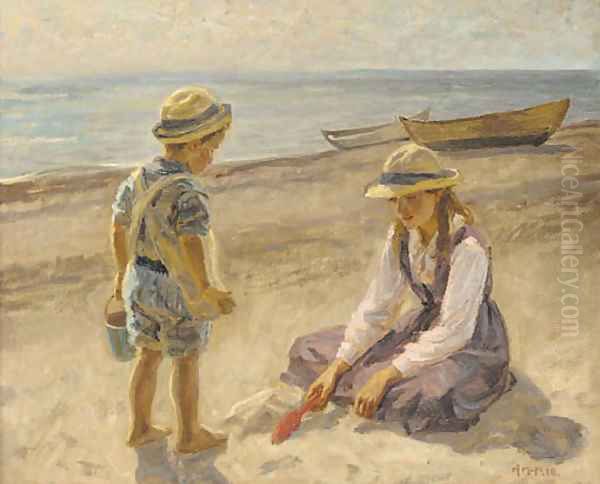 On the beach Oil Painting by Johannes Martin Fastings Wilhjelm