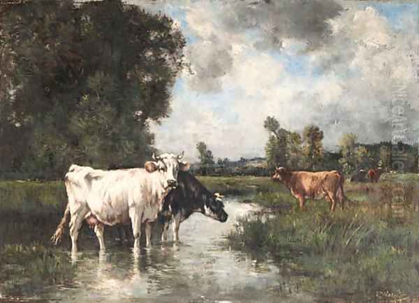 Cows watering Oil Painting by Louis-Francois-Victor Wateline