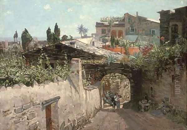 A man with his donkey leaving a southern Italian town Oil Painting by Manuel Wielandt