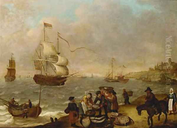 A coastal landscape with fisherfolk selling their catch Oil Painting by Isaac Willaerts