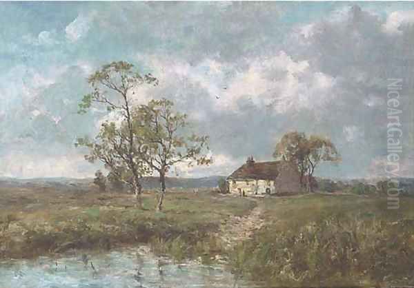 A cottage by a pond on the edge of the moors Oil Painting by Jose Weiss