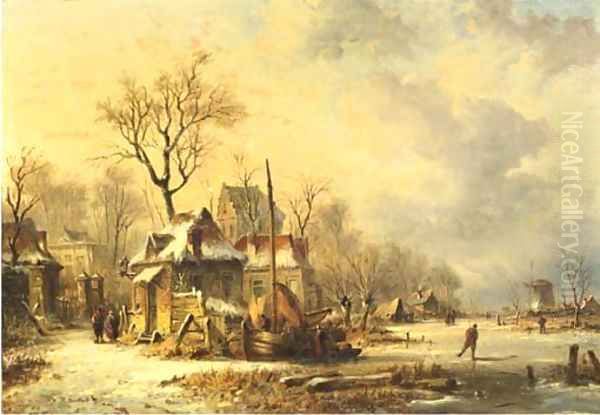 Winter houses by a frozen river at dusk Oil Painting by N.M. Wijdoogen