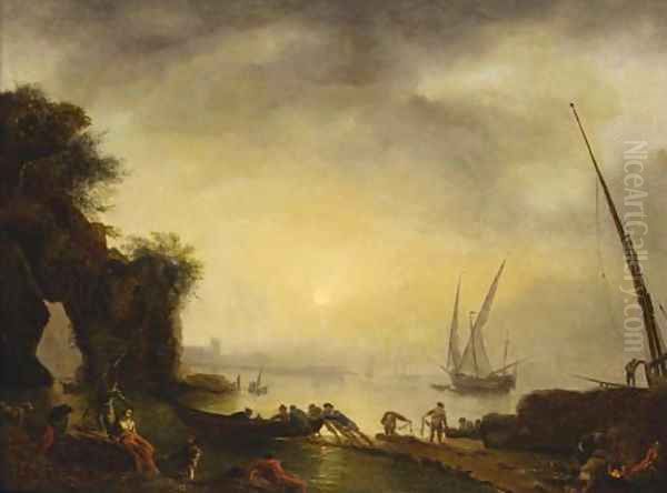 A Mediterranean coastline with fisherfolk on the shore at sunset Oil Painting by Pierre Joseph Walleart