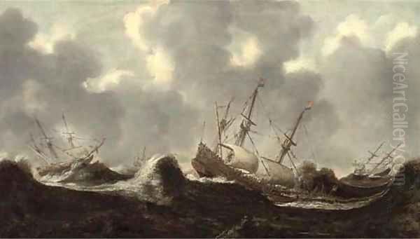 The Dutch fleet at sea in treacherous conditions Oil Painting by Claes Claesz Wou