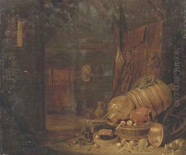 A barn interior with copper pots, wooden barrels and a cat drinking milk nearby Oil Painting by Dirck Wijntrack