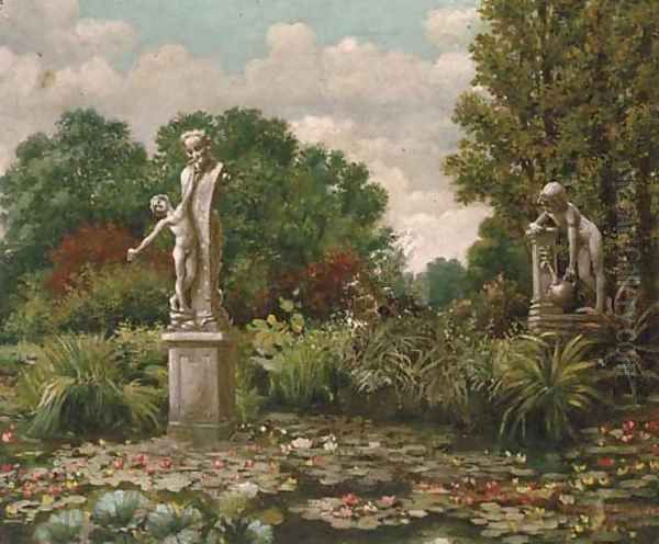 An ornamental garden with a lily pond Oil Painting by F. Van Der Weegen