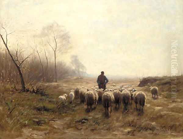 A shepherd herding his flock in an autumnal landscape Oil Painting by Hermann Johannes Van Der Weele