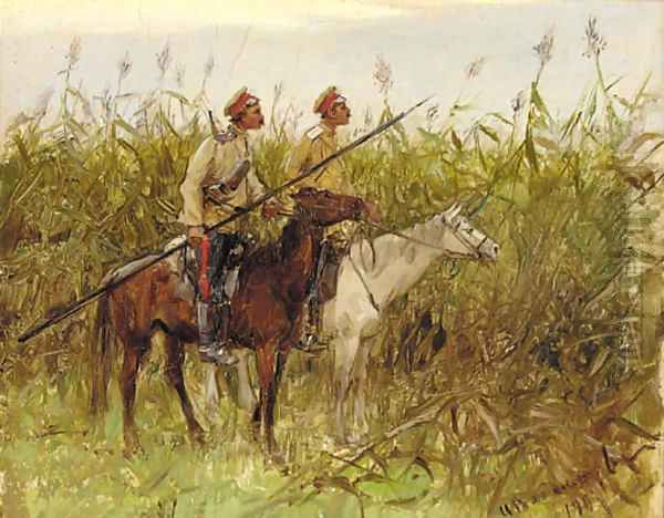 Russian vedettes in a field in Tao-ling, Manchuria during the Russo-Japanese War , 1901 Oil Painting by Ivan Alexeievitch Wladimiroff