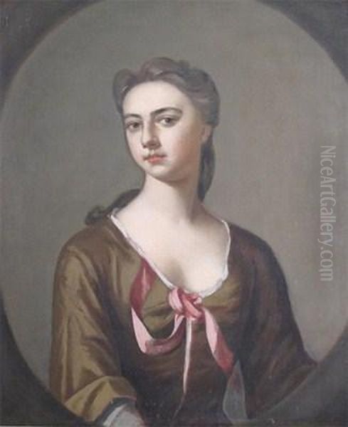 Portrait Of A Lady With A Red Ribbon Oil Painting by Enoch Seeman