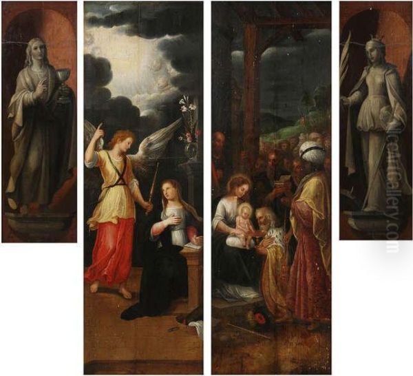 Retabelpanelen Met Enerzijds Een
 Annunciatie Met Op Verso Johannes De Doper In Grisaille En Anderzijds 
Een Aanbidding Der Wijzen Met Op Verso Heilige Catharina Oil Painting by Gerard Seghers