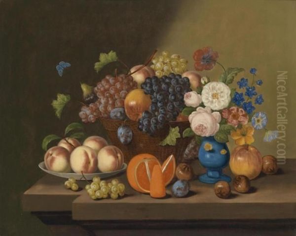 Circle Still Life With Fruit And Flowers Oil Painting by Georg Seitz