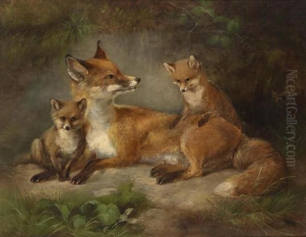 Family Of Foxes Oil Painting by Ludwig Sellmayr