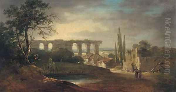 Figures in an Italianate landscape Oil Painting by Richard Wilson