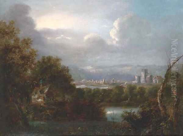 A cottage at the bend of the river, ruins and a town beyond Oil Painting by Richard Wilson