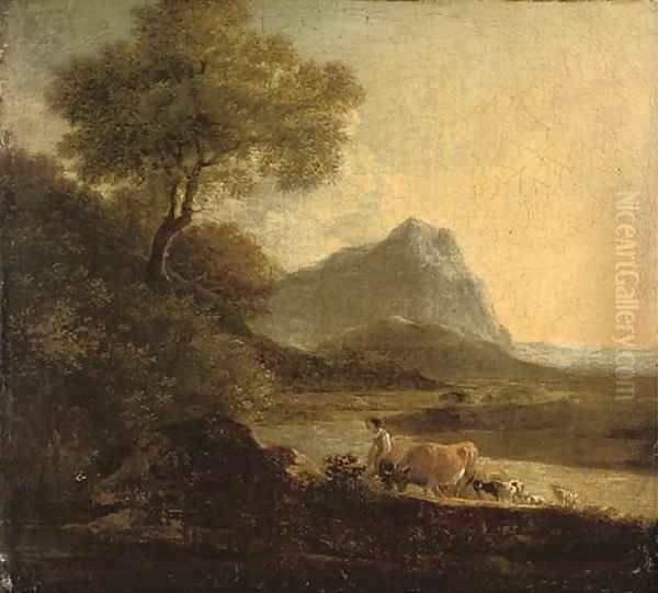 A drover with cattle and sheep in a mountainous landscape Oil Painting by Richard Wilson