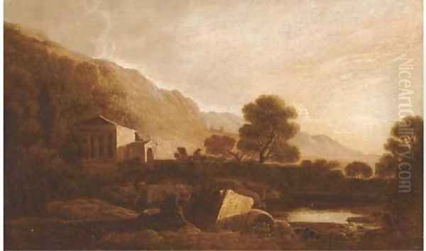 A temple in an Italianate landscape Oil Painting by Richard Wilson