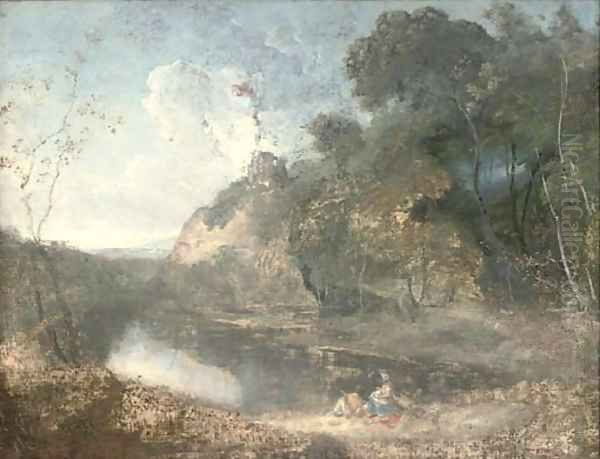 A wooded river landscape, with countryfolk resting in the foreground, a hilltop ruin beyond Oil Painting by Richard Wilson