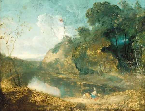 A wooded river landscape,with countryfolk resting in the foreground, a hilltop ruin beyond Oil Painting by Richard Wilson