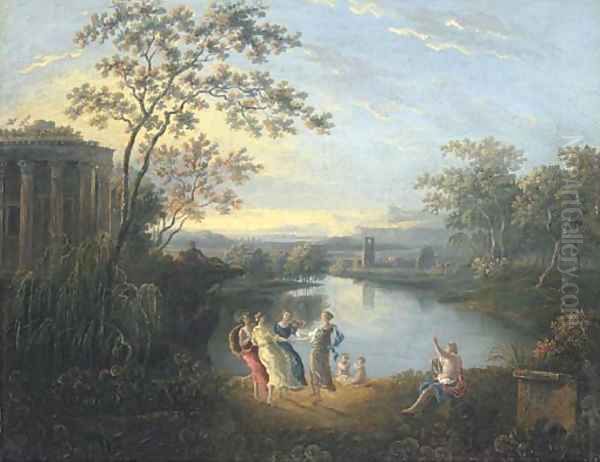 An Arcadian landscape with figures dancing by a river, a ruined castle beyond Oil Painting by Richard Wilson