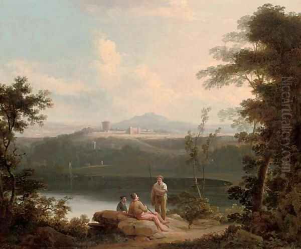 An Italianate wooded river landscape with anglers conversing on the bank with classical buildings beyond Oil Painting by Richard Wilson