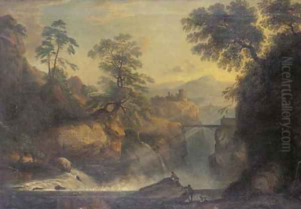 Figures at a mountain torrent in an Arcadian landscape Oil Painting by Richard Wilson