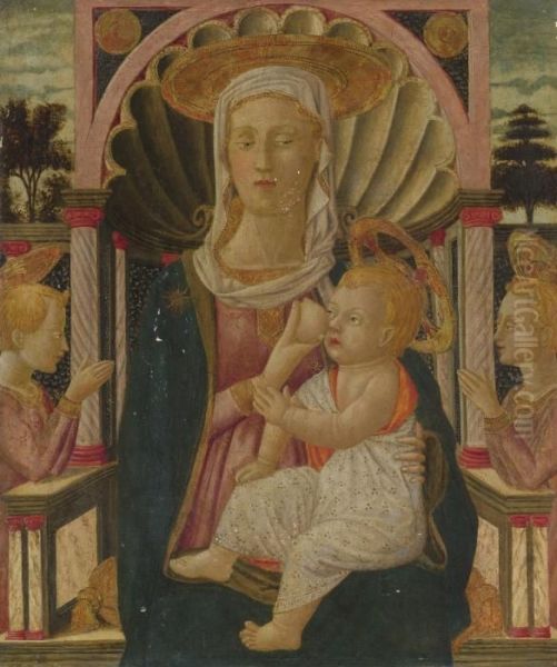 Madonna And Child Enthroned With Two Angels Oil Painting by Giovanni di ser Giovanni Guidi (see Scheggia)