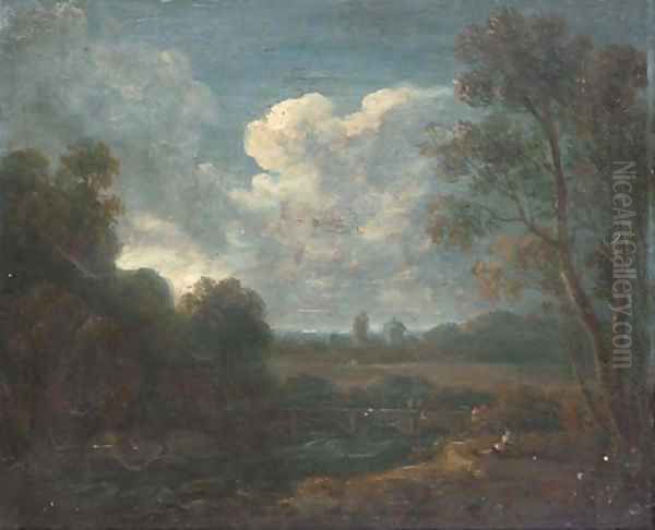 A figure resting on a riverbank with a town beyond Oil Painting by Richard Wilson